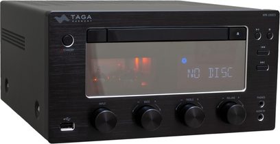 Højfidelt "Taga Harmony HTR-1000CD V.2 sort" system, frontpanel, digital display "NO DISC", 4 drejeknappper
