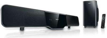 Blank, glitrende Philips HSB4352 soundbar med subwoofer, fjernbetjening og bagpå tilslutninger