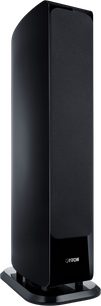 Canton Vento 81 black floorstanding speaker shown in three-quarter view with curved front panel, front grille and matching base