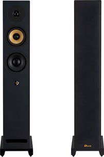 Boxă de podea Davis Acoustics Krypton 6 Technik negru, vedere frontală cu 3 difuzoare vizibile și port bass-reflex, vedere din spate cu grilaj din material textil