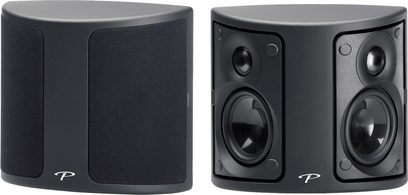 Reproduktory Paradigm Surround 1 matně černé, pohled zepředu a z boku, zaoblený obdélníkový tvar, kruhové reproduktory