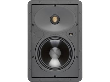 Monitor Audio Core W165 indbygget højttaler, sort, frontvisning, cirkulær sølvfarvet midterhøjttaler i mørk grå firkantet kabinet
