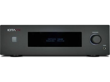 IOTAVX SA40 integrated stereo hi-fi amplifier, matte black with aluminum front panel, front view, central rectangular backlit display, square standby button on the left, large volume/menu knob with ring on the right, headphone jack below