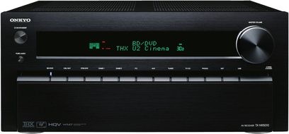 Onkyo TX-NR5010 sort hjemmebiograf-forstærker, frontpanel, frontvisning, grøn display "BD/DVD THX D2 Cinema 3D", knapper