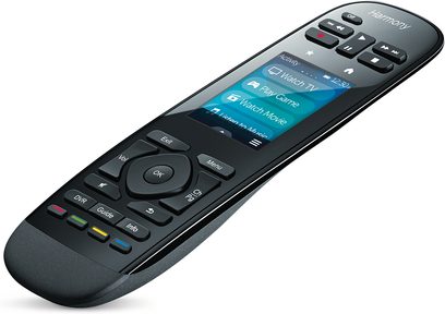 Must Logitech Harmony Ultimate universaalpult, eestvaade, värvilise puutetundliku ekraani ja värviliste nukkidega