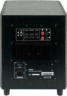 Eltax Shine SW-10 aktiv subwoofer, frontpanel, træfinish, kontroller og stik på forsiden