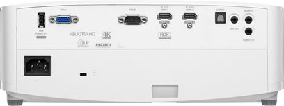 Proyector Optoma UHD35 blanco, vista trasera, conectividad HDMI, VGA, USB, RS-232, entrada/salida de audio, 4K UHD, HDR, DLP