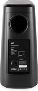 Bagsiden af den sorte Polk Audio MagniFi Mini AX soundbar med tilslutninger og trykte tekniske specifikationer