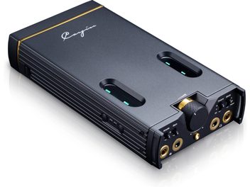 Black metal Cayin C9 II portable DAC, three-quarter view, large gold knob, front jack sockets and green indicators