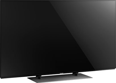 Televizor Panasonic TX-55EZ950E OLED de 55 inch, ecran negru opac, vedere frontală, așezat pe un picior metalic