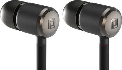 Two black Periodic Audio Titanium in-ear headphones, front view, with silver metallic ear tips