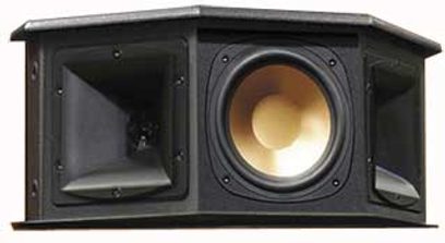 Klipsch RS-10 sort baghøjttaler, set forfra, med rund, gylden centralhøjttaler og to rektangulære, sorte sidehøjttalere