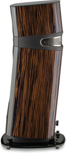 Standlautsprecher Focal Sopra N°2 Macassar, Seitenansicht, gestreifte Holzoberfläche, Metallgitter, schwarzer Sockel, verstellbare Füße
