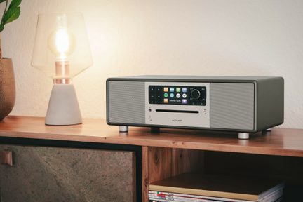 Сива hi-fi уредба върху дървен шкаф, бяла конусна лампа, зелено растение във ваза в бежов цвят