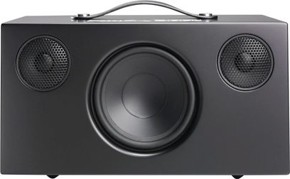 Audio Pro ADDON C10 højttaler, sort, set forfra, afrundet rektangulær form, to runde højttalere, central knap