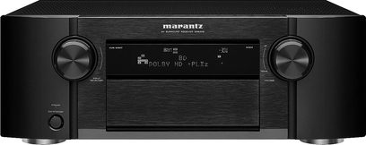 Marantz SR6005 sort hjemmebiografsforstærker, sort front, blå display, sølvfarvede knapper og drejeknapper, 2 hovedtelefonstik