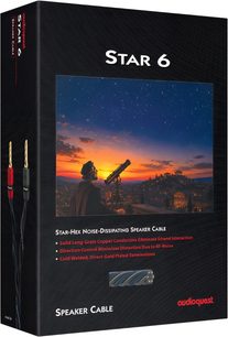 Audioquest Star 6-højttalerkabel, sort æske med illustration af en stjernehimmel og røde og sorte bananstik