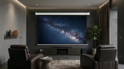Weiße, ausgezogene Wand-Projektionsleinwand in einem modernen Heimkino-Wohnzimmer, Frontalansicht mit Galaxiebild