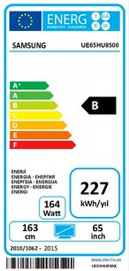 Europæisk energimærke for en Samsung UE65HU8500 TV, energiklasse B, 227 kWh/år, 65 tommer, fra 2010/1062