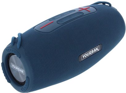 Bluetooth-højttaler Yourban Getone 45 blå, set fra siden, cylindrisk form, tekstureret stof, røde knapper på toppen