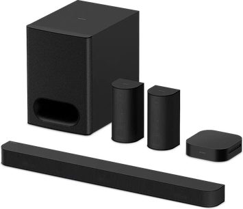 Barra sonora Sony Bravia Theatre System 6 con subwoofer, 2 altoparlanti satellitari, unità centrale e barra in vista frontale