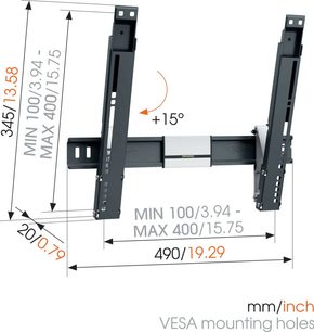 Teknisk tegning af et Vogel's THIN 415 TV-vægbeslag med dimensioner i mm/tommer, set fra siden +15°