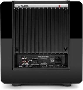JL Audio E-Sub e110 parlak siyah subwoofer, ön yüz, siyah ızgara, gümüş renkli düğmeler ve bağlantı noktaları