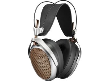 Open bedrade hifi-hoofdtelefoon met zwarte hoofdband, zwarte ronde oorkussens, gouden buitenroosters en zilverkleurige structuur