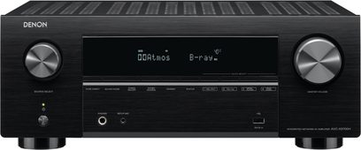 Sort frontpanel på en Denon AVC-X3700H hjemmebiografsforstærker med LCD-skærm, knapper og stik set forfra