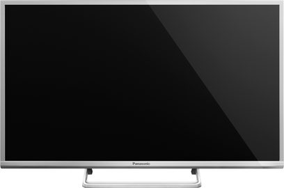 Sort Panasonic TX-32CS600E fladskærms-tv set forfra med slukket skærm på ensfarvet mørkegrå baggrund