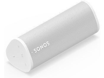 Cassa Bluetooth Sonos Roam 2 bianca, vista in prospettiva, griglia forata, pulsanti di comando sul lato