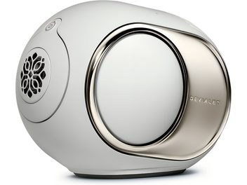 Висоговорник DEVIALET Phantom Ultimate 98 dB, бяла овална пластмасова обвивка, странична мембрана с метално обръчване, изглед от профил