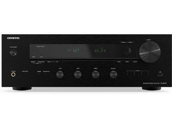 Onkyo TX-8470 stereo hi-fi versterker, vooraanzicht, bedieningsknoppen, digitaal scherm, hoofdtelefoon- en USB-aansluitingen, zwarte afwerking