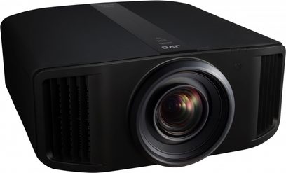 JVC DLA-NX9 sort videoprojektor, frontvisning, centreret linse, to sidegittere til ventilation, rektangulært mat sort kabinet