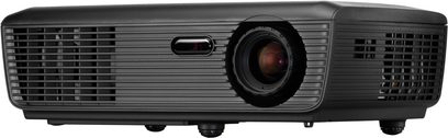 Optoma EX536 sort videoprojektor, frontvisning, decentraliseret linse, ventilationsgitre, kontrolknapper på toppen