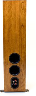 Sloupcový reproduktor Klipsch RF-7 MkII černý, pohled zepředu, vertikální dřevěný laminovaný kryt, 3 kruhové černé reproduktory v řadě