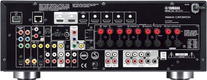 Yamaha RX-V771 sort hjemmebiografsforstærker, frontpanel med audio/video-tilslutninger, knapper og drejeknapper til justering