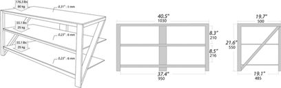 Norstone Design Eker 5 lyst træ TV-møbel med dimensioner og teknisk diagram set forfra, fra siden og oppefra