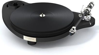 Consonance Droplet LP 3.1 sort pladespiller, set ovenfra i perspektiv, med tonarm og monteret pickup