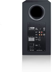 Zadní pohled na aktivní reproduktor Canton Smart GLE 3 S2 v černém klavírním laku s kruhovým bassreflexem a panelem připojení