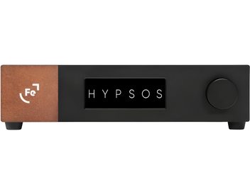 Hi-fi захранване Ferrum Audio HYPSOS, черен преден панел с централен дисплей, ляв панел в меден цвят и бутон вдясно