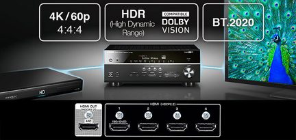 Siyah ses-görüntü alıcısı, HDMI portları, LED ekran, 4K/60p, HDR, Dolby Vision, BT.2020 uyumlu