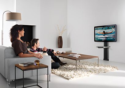 Moderne stue med gråt sofa, træbordplade, hvidt tæppe, gulvlampe og vægmonteret TV-stander med fladskærm, der viser en svømmescene