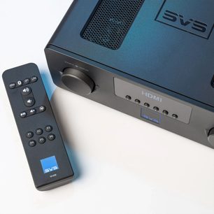 Ampli hi-fi стерео SVS Prime Wireless Pro SoundBase черен с дистанционно управление, изглед отпред и профил