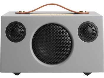 Enceinte Audio Pro ADDON C3 gris, vue de face, forme cubique arrondie, grille noire circulaire au centre, poignée en cuir marron sur le dessus