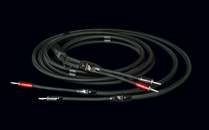 Black nylon-braided speaker cable, red and silver banana plugs, inline housing, top view