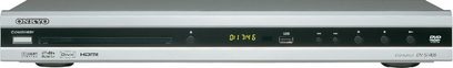 Onkyo DV-SP406 sølvfarvet 4K Blu-ray-afspiller, set forfra, med digitalt display, knapper og diskskuffe