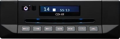 Cyrus CDt-XR musta CD-mängija esipaneel, sinine LCD-ekraan, 7 juhtimise nuppu, punane LED-tuli põleb