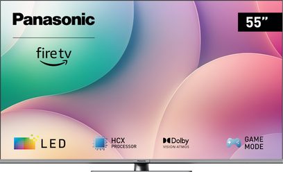 TV-55W83AEG Panasonic, plochá obrazovka, pohled zepředu, logo Fire TV, ikony LED, procesor HCX, Dolby Vision Atmos, herní režim