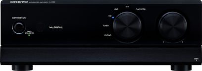 Onkyo A-933 sort hi-fi stereoforstærker, frontpanel, forfra. Knapper, drejeknapper, hovedtelefon- og phono-stik, digitalt display